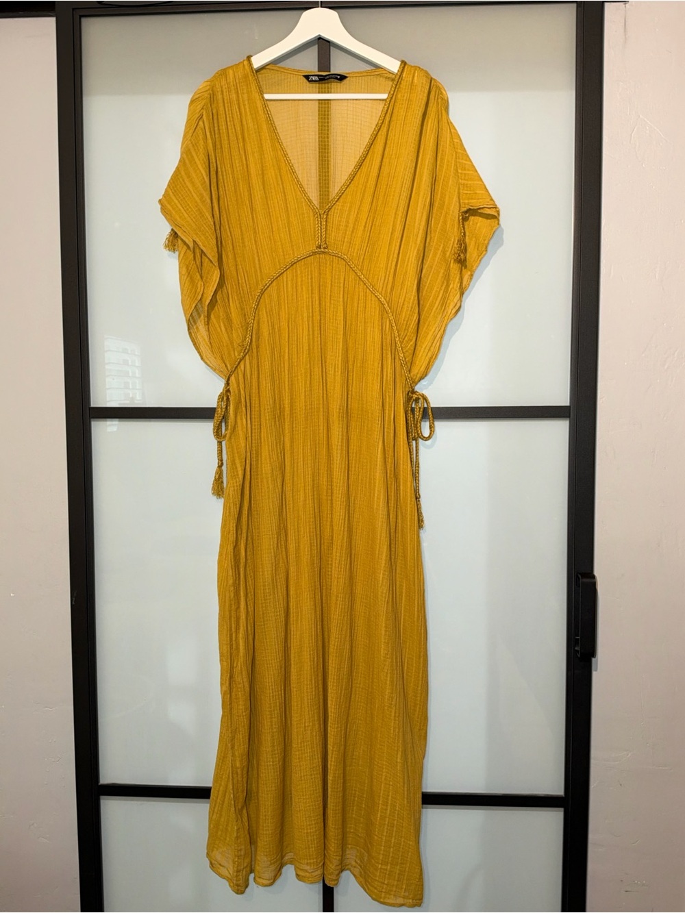 Zara Mustard Gold Crinkle Gauze Kaftan Maxi Dress Boho Resort M/L